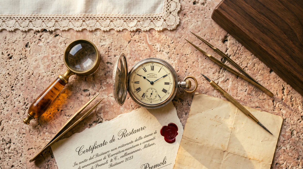 Übersichtsaufnahme einer Werkstatt-Restaurations-Szene auf einem Tisch aus rosa Kalkstein, die restaurierte italienische Taschenuhr in der Mitte, daneben Messing-Lupe, Pinzetten, ein Brieföffner, eine Restaurations-Urkunde mit italienischer Schrift und rotem Siegel.