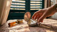 Restaurierte italienische Taschenuhr auf einem Veroneser Tisch aus rosa Kalkstein im Villa-Salon, Nachmittagslicht durch tiefgrüne Loggia-Läden