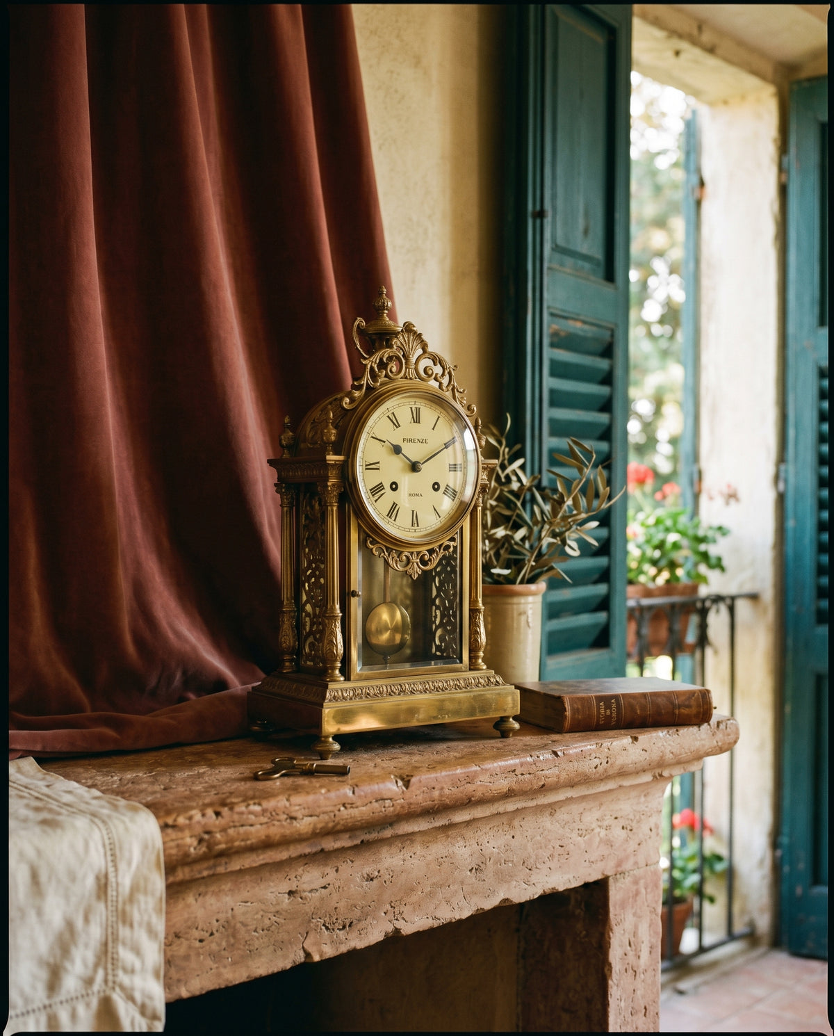 Mantelpiece Verona · Messinguhr mit Cremezifferblatt, Manteluhr in Messing für den Kamin